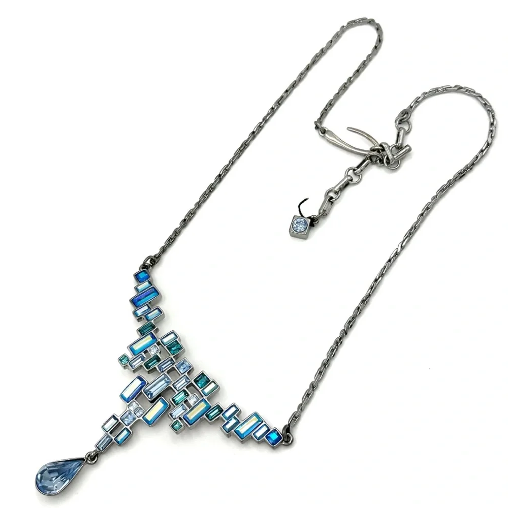 Givenchy Blue Crystal Rhinestone Gun Metal Fancy Necklace - Picture 3 of 4